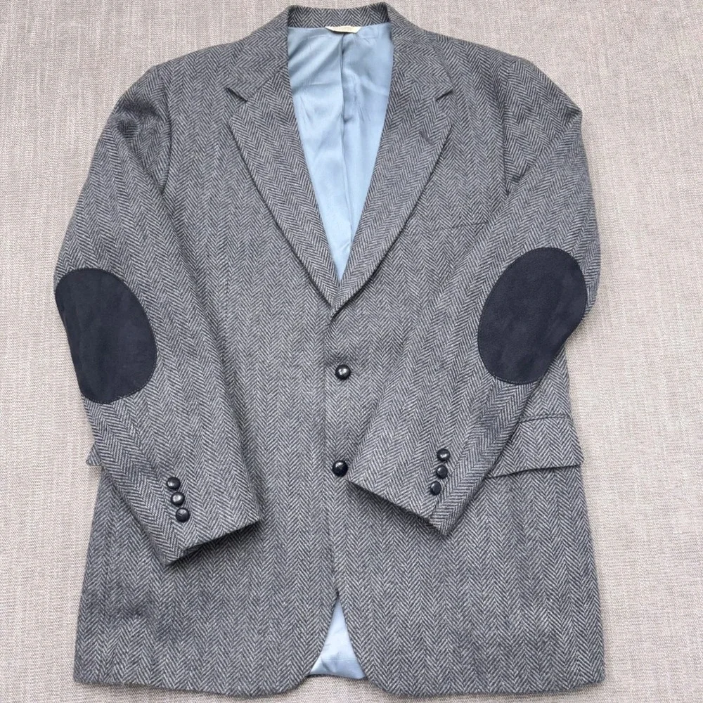 Vintage Made in USA Herringbone Tweed Blazer Grey Blue Elbow Patches 44L